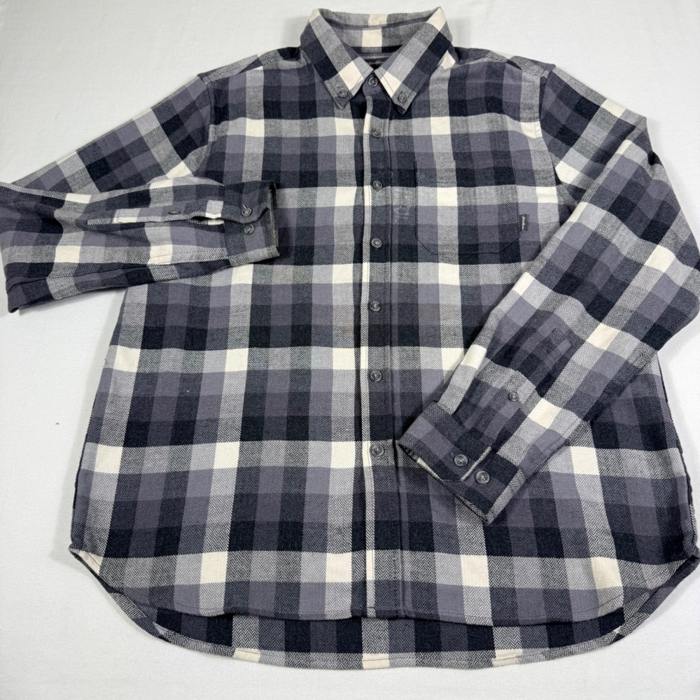 Eddie Bauer Buffalo Plaid Flannel Shirt L Gray White Button Down Gorpcore Rugged